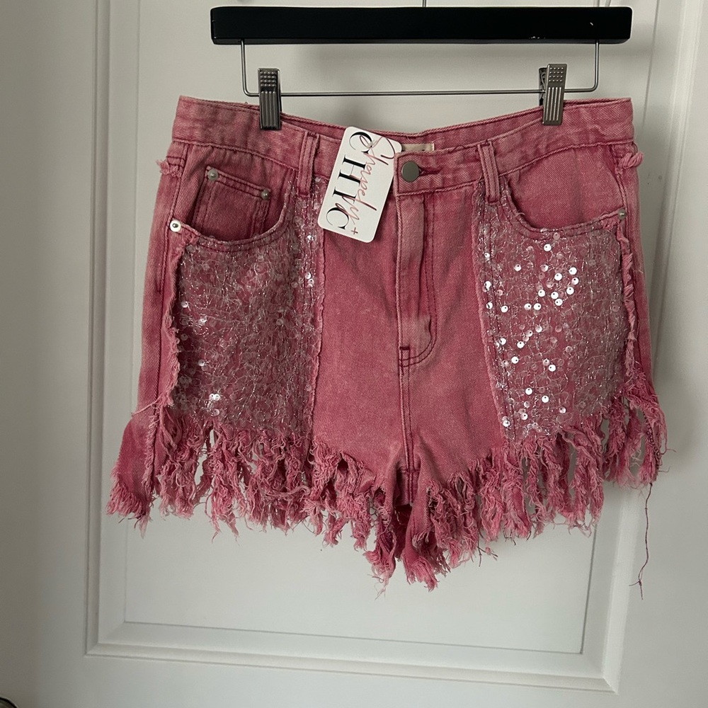 Pink Frayed Sequin Denim Shorts